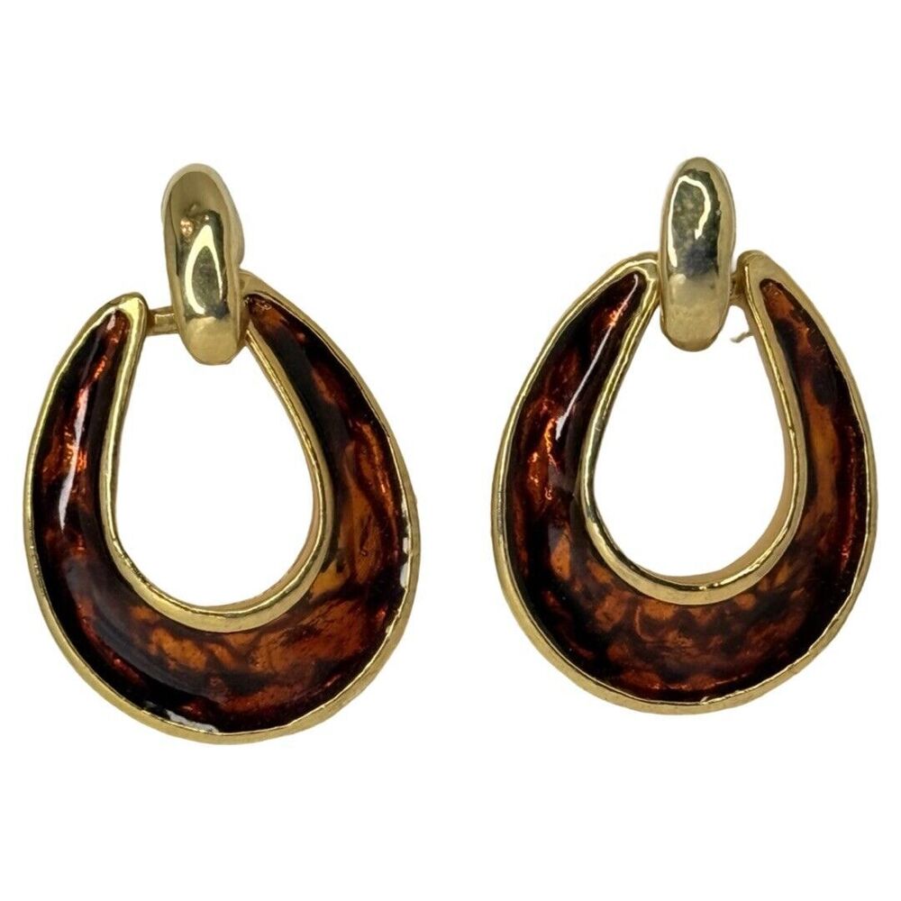 Vintage Gold Tone Door Knocker Dangle Hoop Earrings 2"